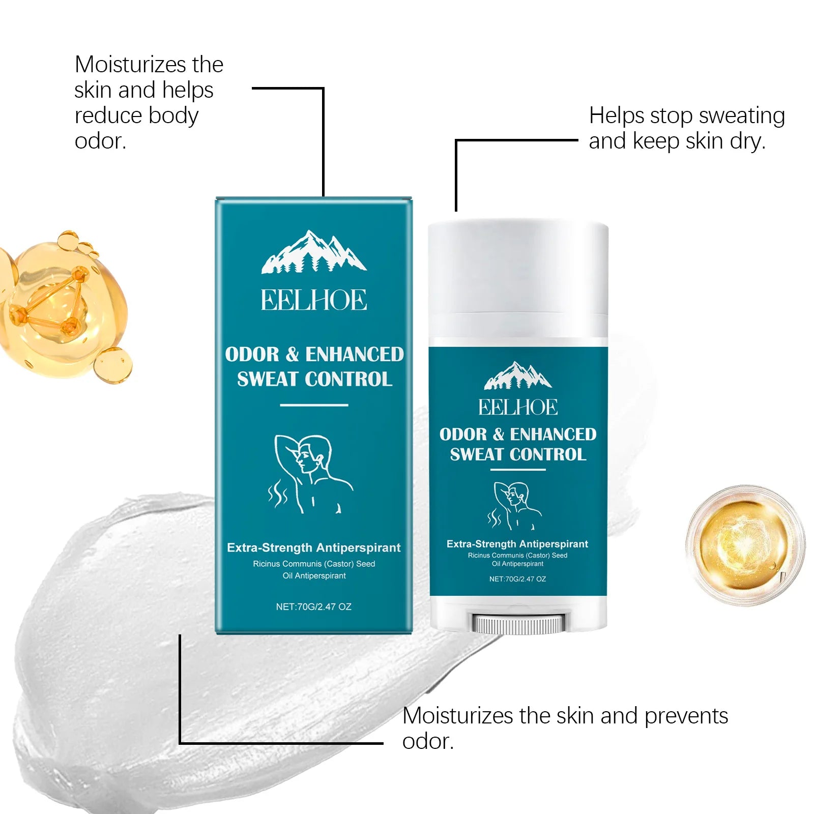 A smooth smear of the white deodorant cream texture next to the EELHOE stick, showcasing its skin-moisturizing benefits