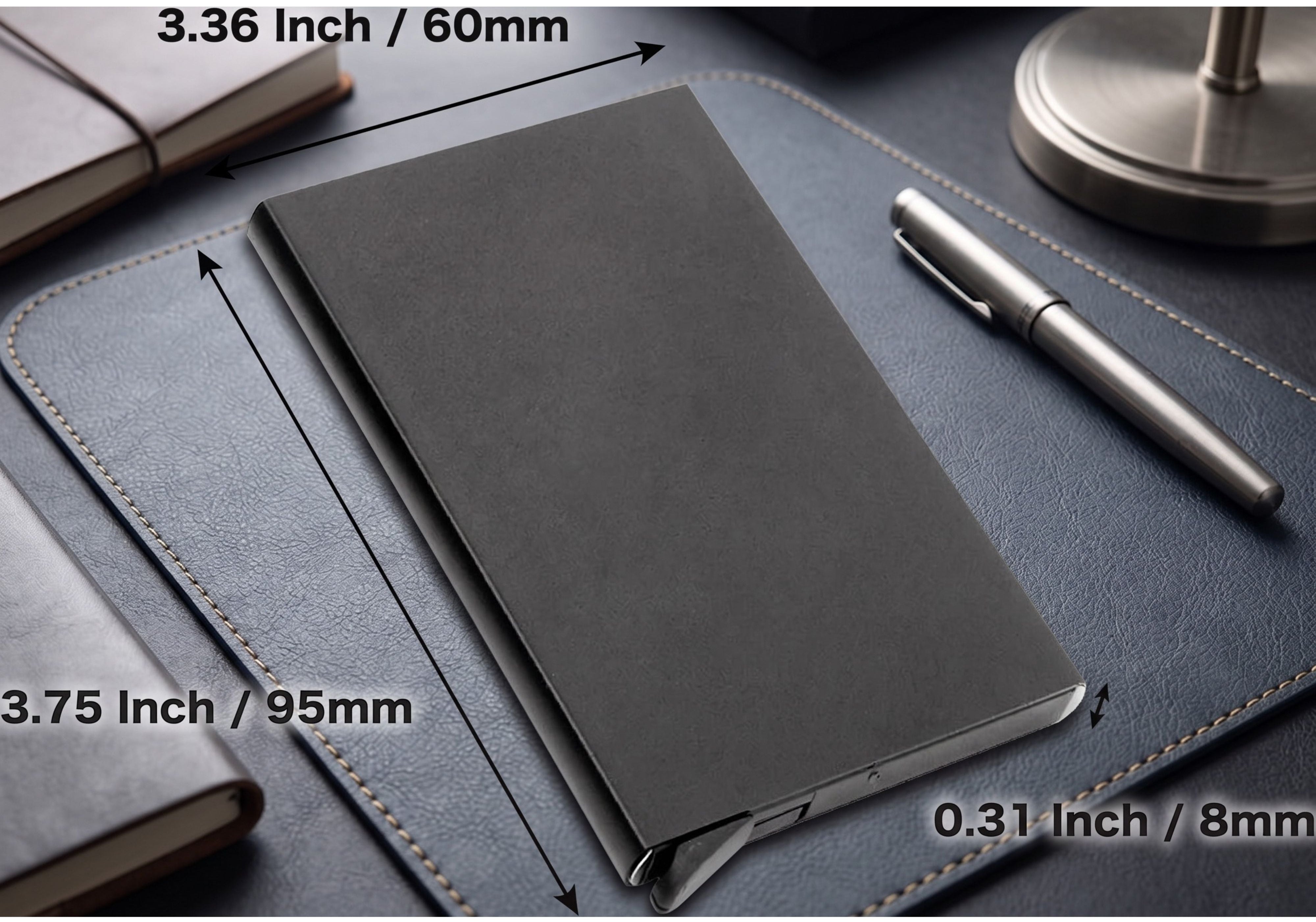 Technical dimension slide showing the compact size specifications of the ZeAiLi wallet, noting its 2.36 inch width and 3.74 inch length